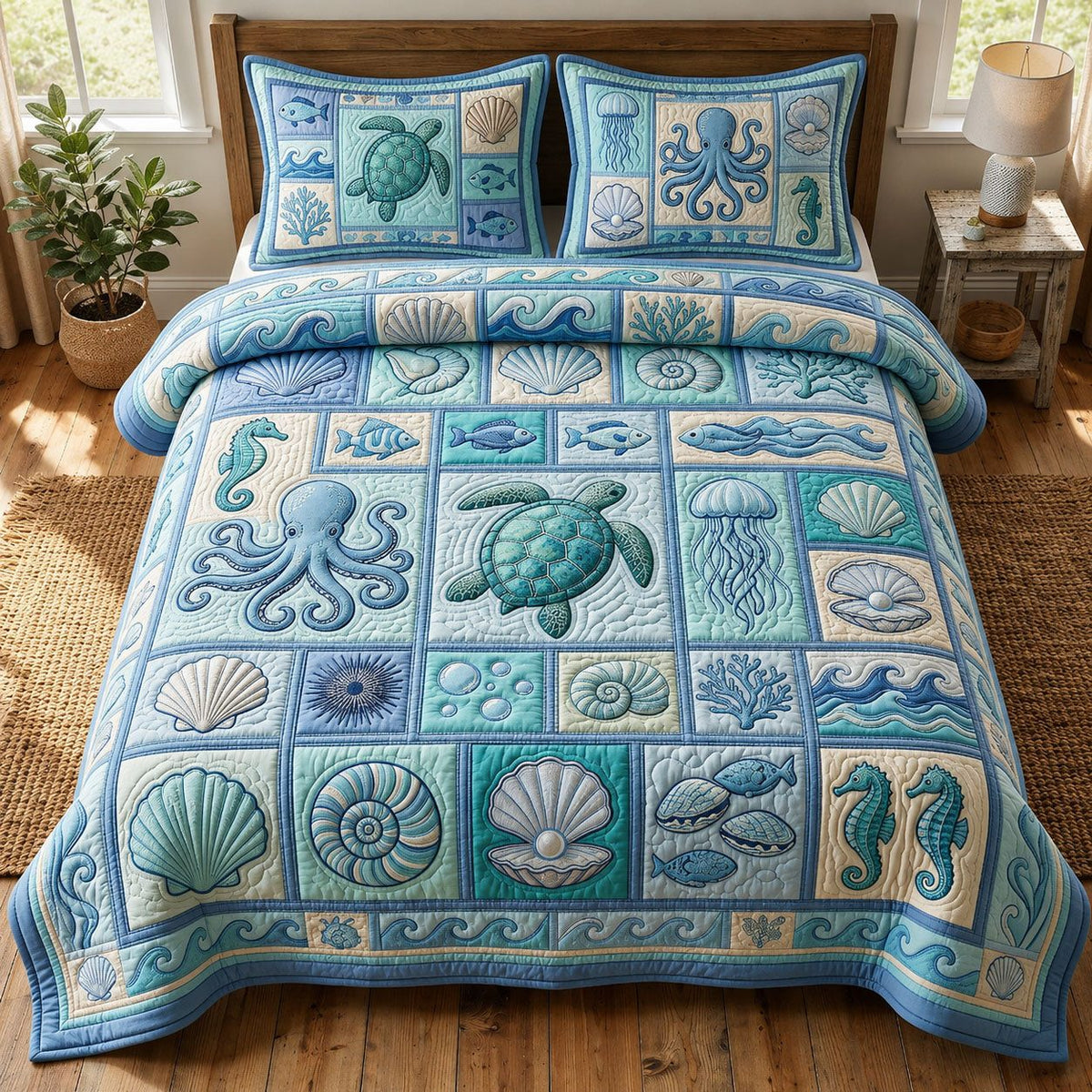 Ocean Creatures quilted 3-piece bedding set on a made bed in a light coastal bedroom