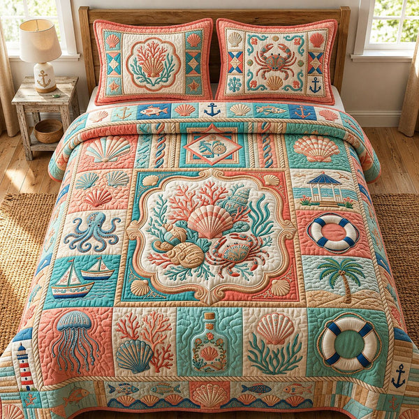 Ocean Creatures quilted 3-piece bedding set on a made bed in a light coastal bedroom