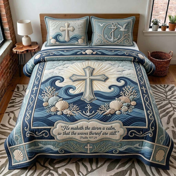 Ocean Cross quilted 3-piece bedding set on a made bed in a softly lit bedroom