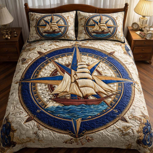 Ocean Crown quilted 3-piece bedding set on a made bed in a light coastal bedroom