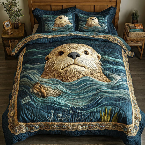 Ocean Cuddles quilted 3-piece bedding set on a made bed in a light coastal bedroom