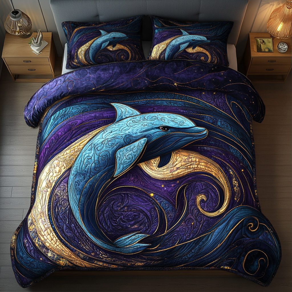 Ocean Dancer quilted 3-piece bedding set on a made bed in a light coastal bedroom