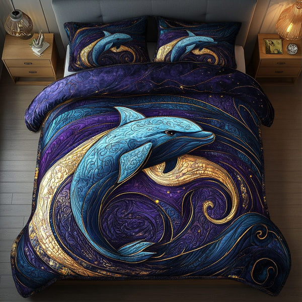 Ocean Dancer quilted 3-piece bedding set on a made bed in a light coastal bedroom