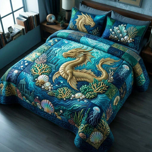 Ocean Dragon quilted 3-piece bedding set on a made bed in a light coastal bedroom