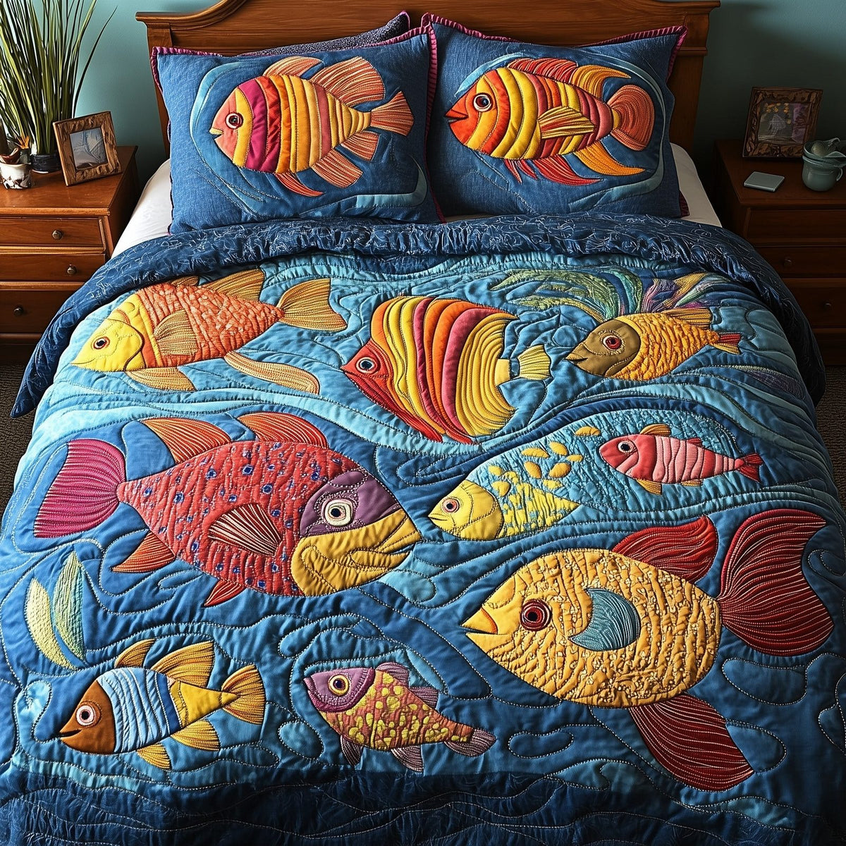Ocean Dream quilted 3-piece bedding set on a made bed in a light coastal bedroom