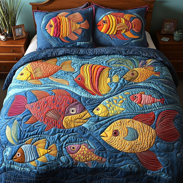 Ocean Dream quilted 3-piece bedding set on a made bed in a light coastal bedroom