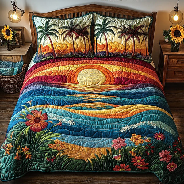 Ocean Dream quilted 3-piece bedding set on a made bed in a light coastal bedroom