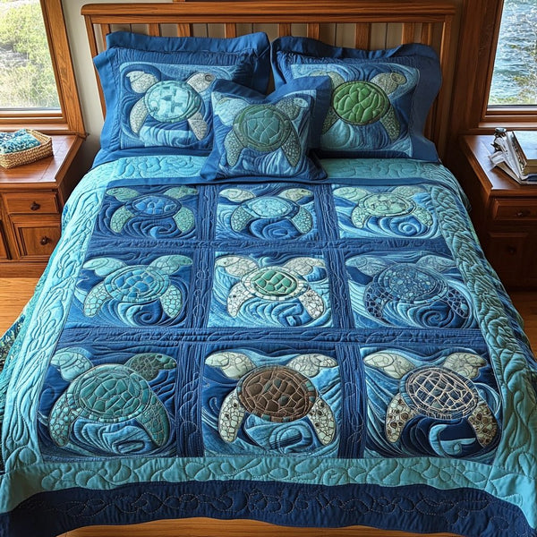 Ocean Dreams quilted 3-piece bedding set on a made bed in a light coastal bedroom