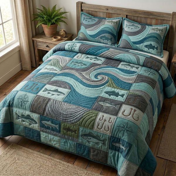 Ocean Drift quilted 3-piece bedding set on a made bed in a light coastal bedroom