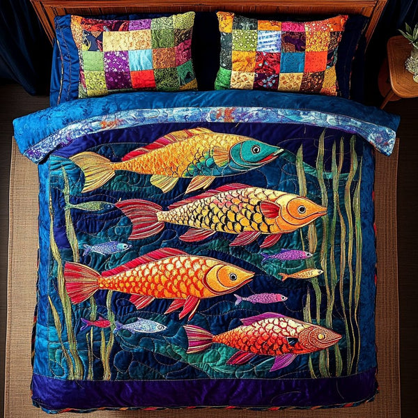 Ocean Drift quilted 3-piece bedding set on a made bed in a light coastal bedroom
