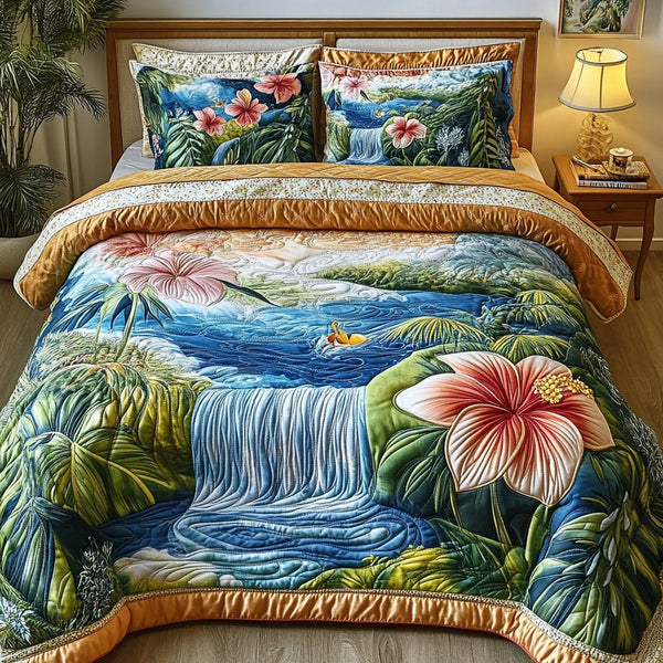 Ocean Drift quilted 3-piece bedding set on a made bed in a light coastal bedroom