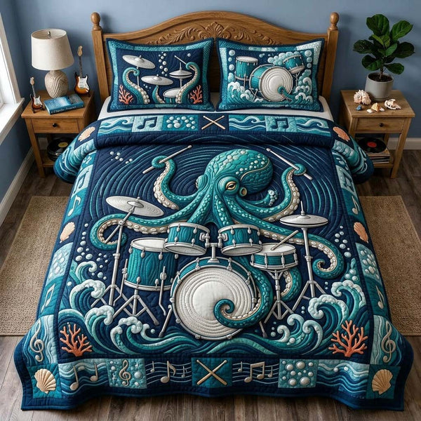 Ocean Drum Octopus quilted 3-piece bedding set on a made bed in a light coastal bedroom