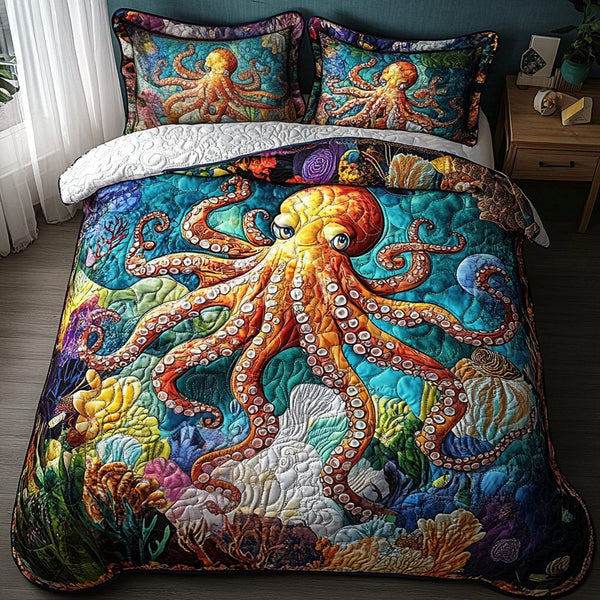 Ocean Embrace quilted 3-piece bedding set on a made bed in a light coastal bedroom
