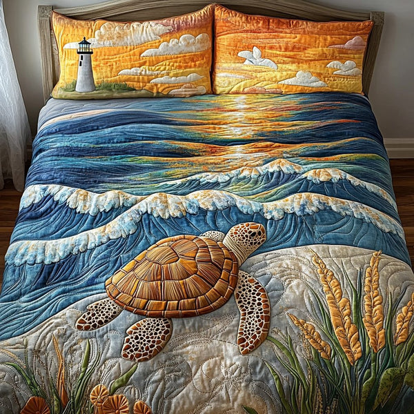 Ocean Embrace quilted 3-piece bedding set on a made bed in a light coastal bedroom