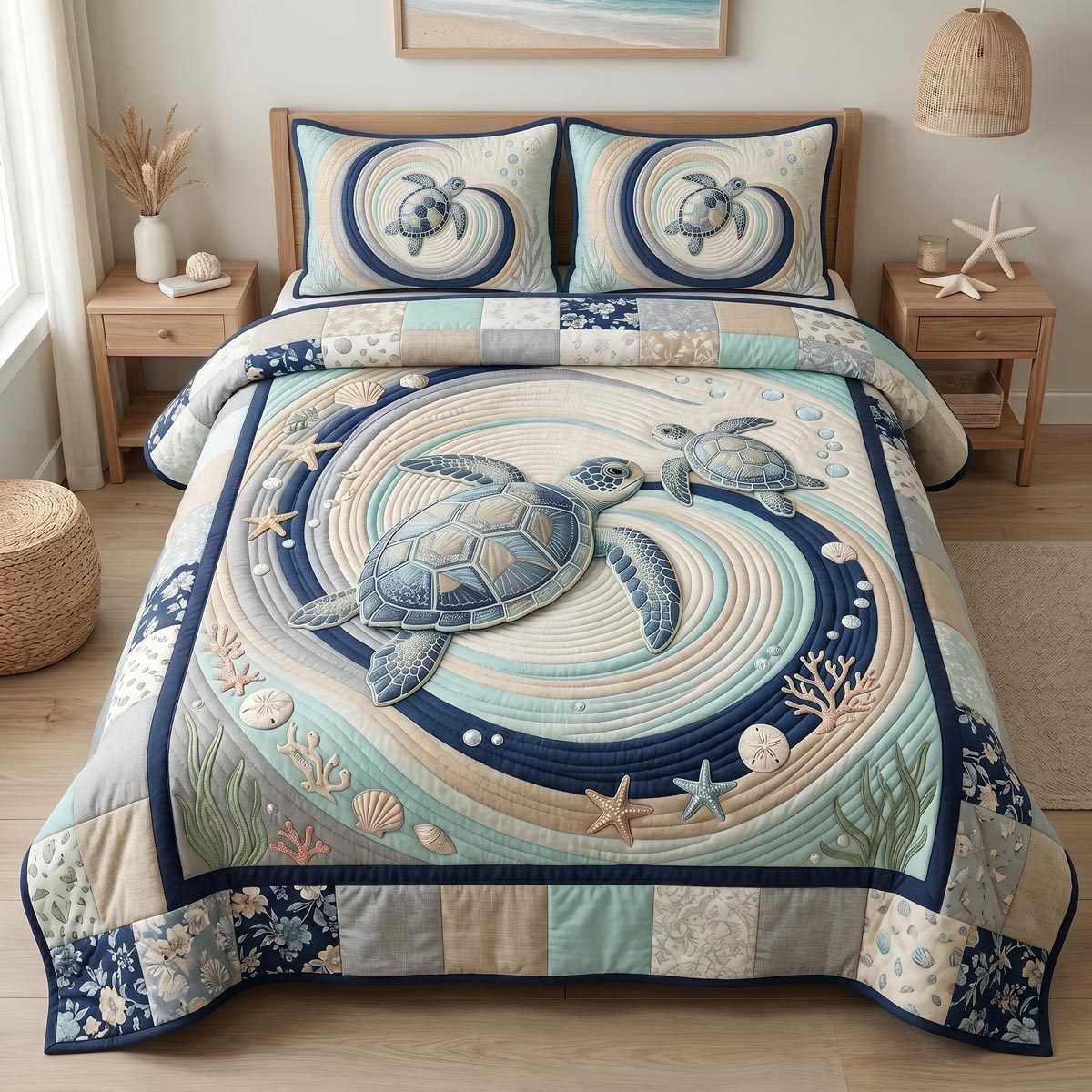 Ocean Embrace quilted 3-piece bedding set on a made bed in a light coastal bedroom