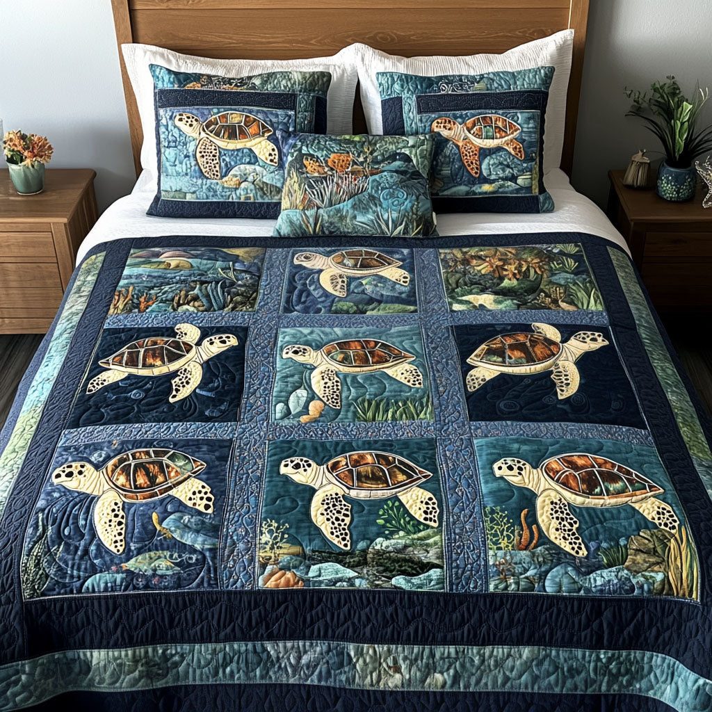 Ocean Embrace quilted 3-piece bedding set on a made bed in a light coastal bedroom