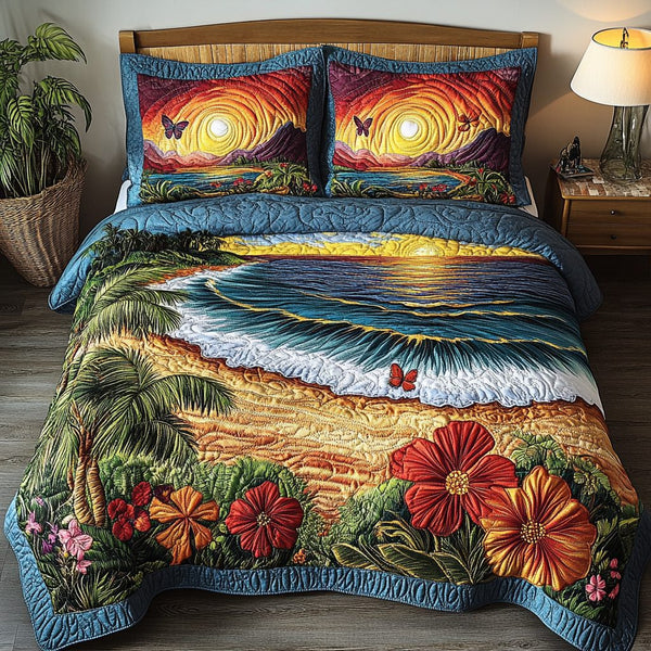 Ocean Escape quilted 3-piece bedding set on a made bed in a light coastal bedroom