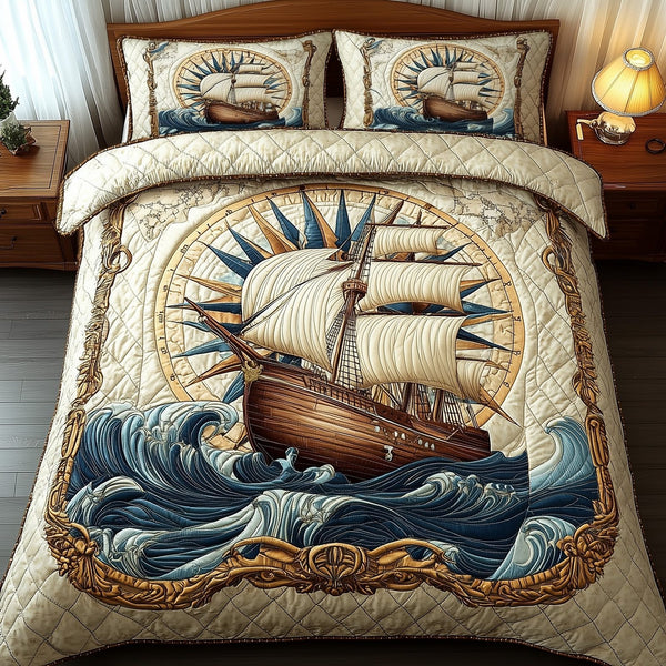 Ocean Explorer quilted 3-piece bedding set on a made bed in a light coastal bedroom