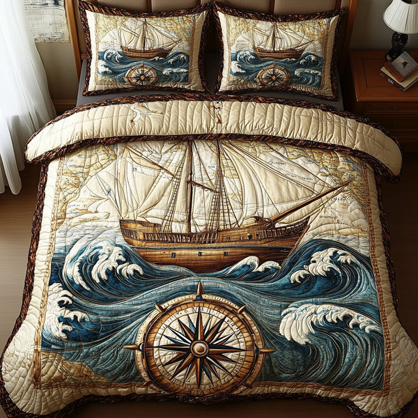 Ocean Explorer quilted 3-piece bedding set on a made bed in a light coastal bedroom