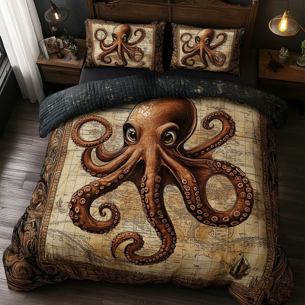Ocean Explorer quilted 3-piece bedding set on a made bed in a light coastal bedroom