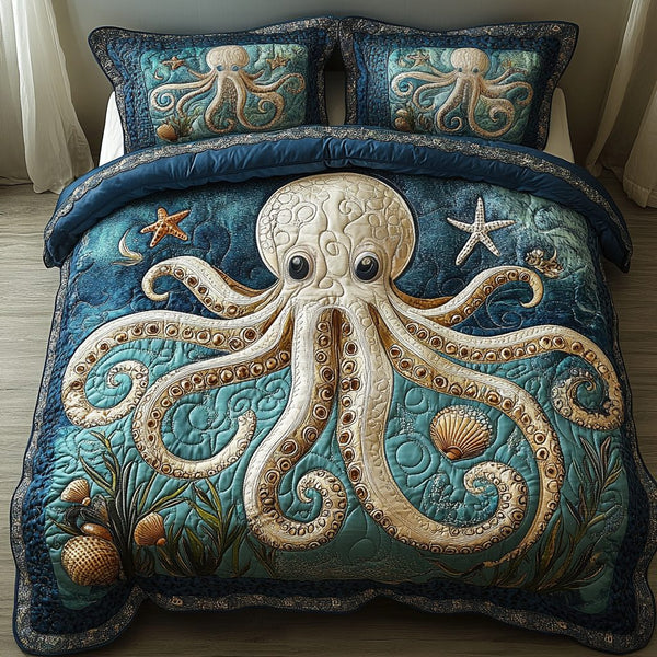 Ocean Eye Octopus quilted 3-piece bedding set on a made bed in a light coastal bedroom
