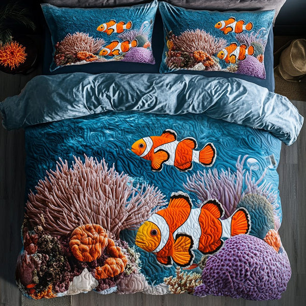 Ocean Fishes quilted 3-piece bedding set on a made bed in a light coastal bedroom
