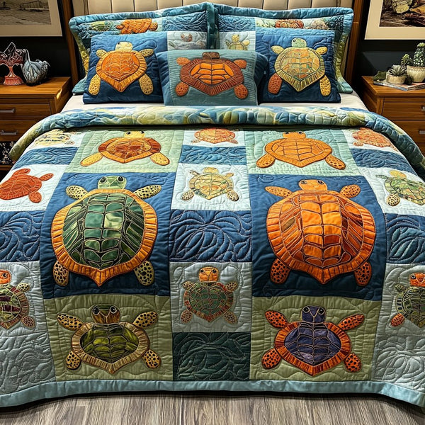 Ocean Friends quilted 3-piece bedding set on a made bed in a light coastal bedroom