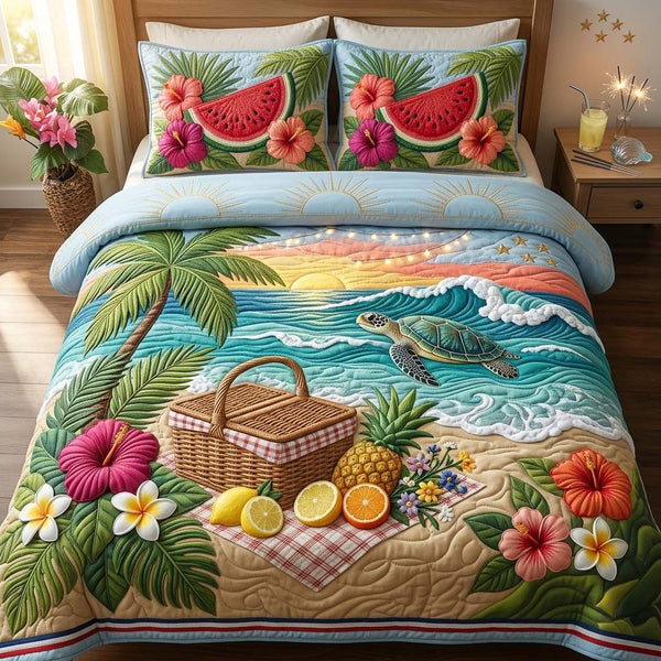 Ocean Garden quilted 3-piece bedding set on a made bed in a light coastal bedroom