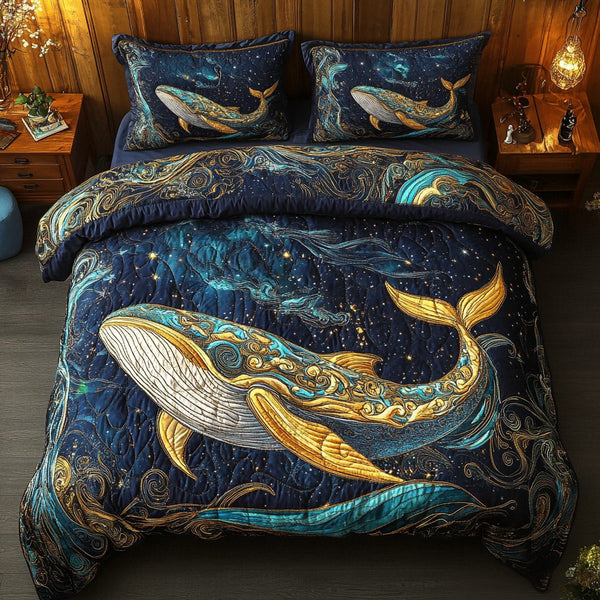 Ocean Giant quilted 3-piece bedding set on a made bed in a light coastal bedroom
