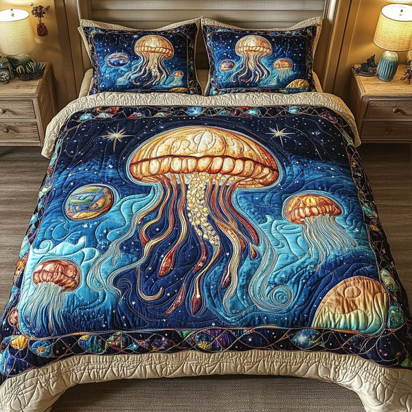 Ocean Glow quilted 3-piece bedding set on a made bed in a light coastal bedroom