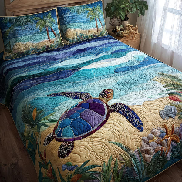 Ocean Glow quilted 3-piece bedding set on a made bed in a light coastal bedroom