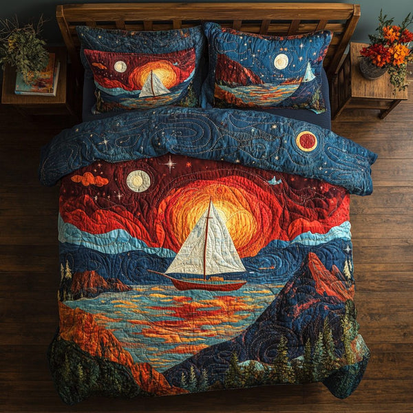 Ocean Glow quilted 3-piece bedding set on a made bed in a light coastal bedroom