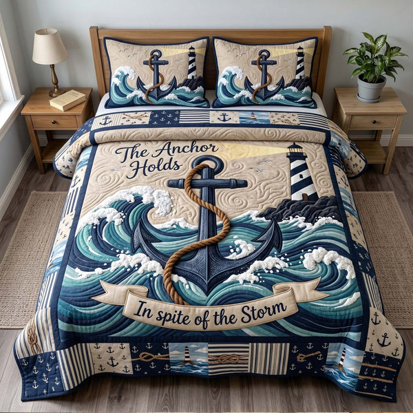 Ocean Grace quilted 3-piece bedding set on a made bed in a light coastal bedroom