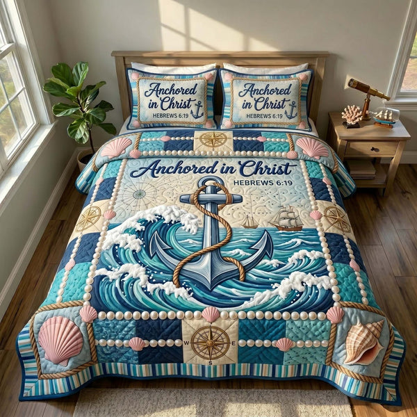 Ocean Grace quilted 3-piece bedding set on a made bed in a light coastal bedroom
