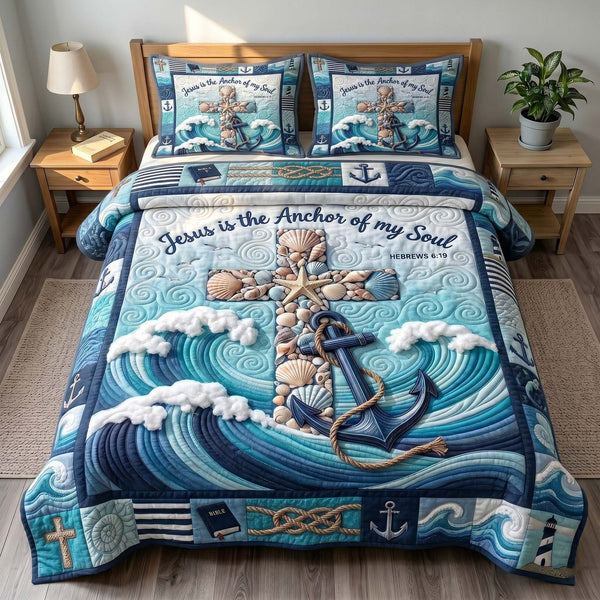 Ocean Grace quilted 3-piece bedding set on a made bed in a light coastal bedroom