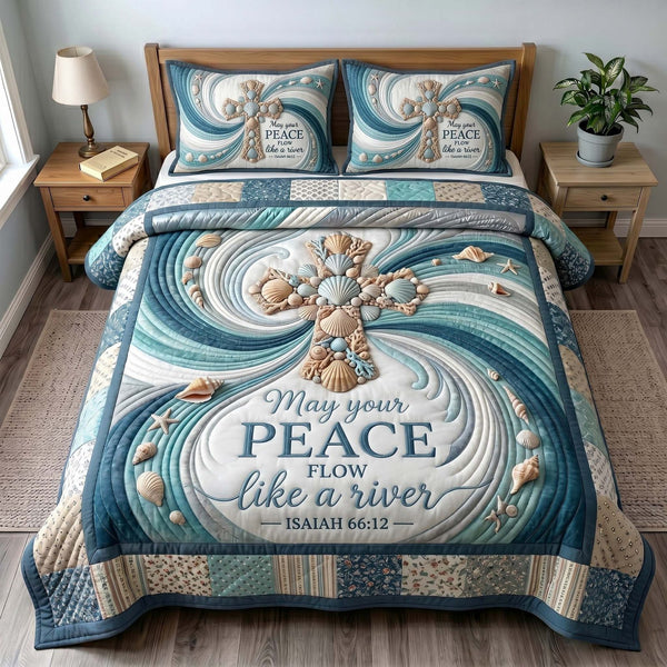 Ocean Grace quilted 3-piece bedding set on a made bed in a light coastal bedroom