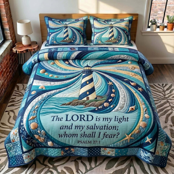 Ocean Grace quilted 3-piece bedding set on a made bed in a light coastal bedroom