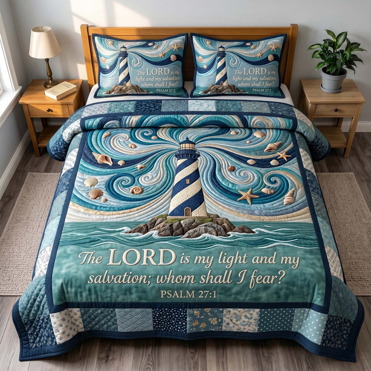 Ocean Grace quilted 3-piece bedding set on a made bed in a light coastal bedroom