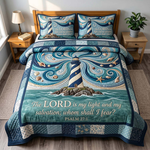 Ocean Grace quilted 3-piece bedding set on a made bed in a light coastal bedroom