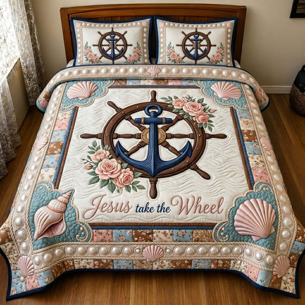 Ocean Grace quilted 3-piece bedding set on a made bed in a light coastal bedroom