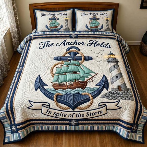 Ocean Grace quilted 3-piece bedding set on a made bed in a light coastal bedroom