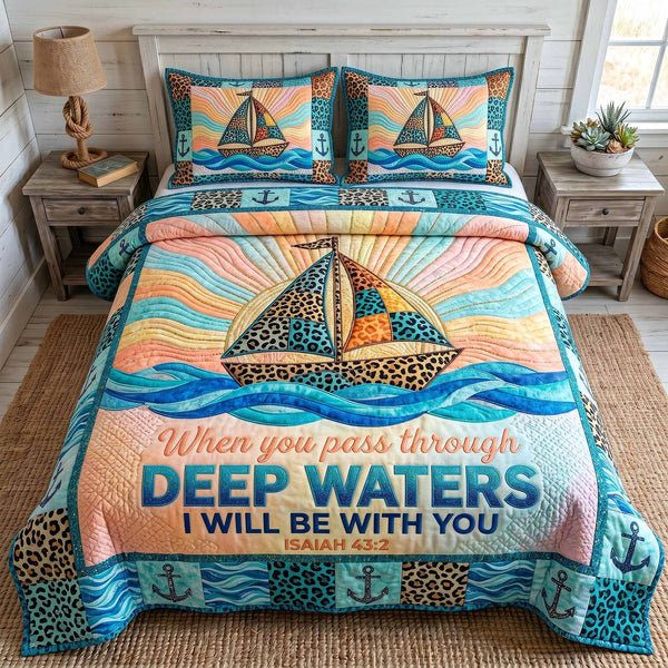 Ocean Grace quilted 3-piece bedding set on a made bed in a light coastal bedroom