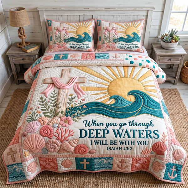 Ocean Grace quilted 3-piece bedding set on a made bed in a light coastal bedroom