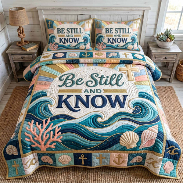 Ocean Grace quilted 3-piece bedding set on a made bed in a light coastal bedroom