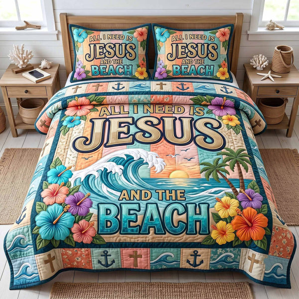 Ocean Grace quilted 3-piece bedding set on a made bed in a light coastal bedroom