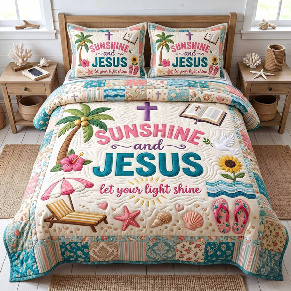 Ocean Grace quilted 3-piece bedding set on a made bed in a light coastal bedroom