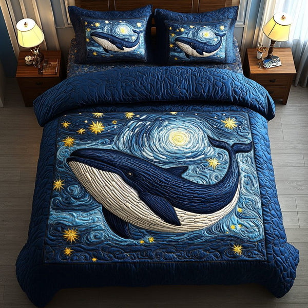 Ocean Guardian quilted 3-piece bedding set on a made bed in a light coastal bedroom