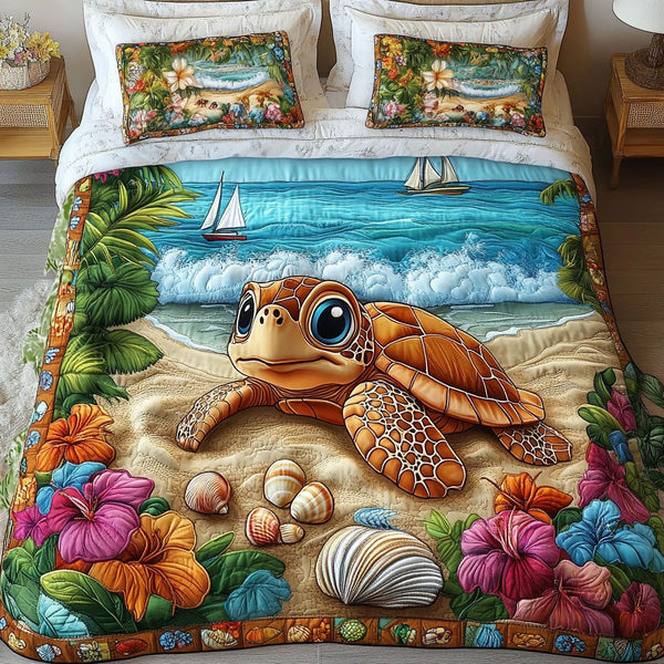 Ocean Guardian quilted 3-piece bedding set on a made bed in a light coastal bedroom