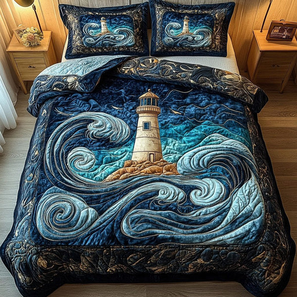 Ocean Guardian quilted 3-piece bedding set on a made bed in a light coastal bedroom