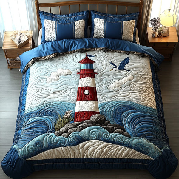 Ocean Guide quilted 3-piece bedding set on a made bed in a light coastal bedroom